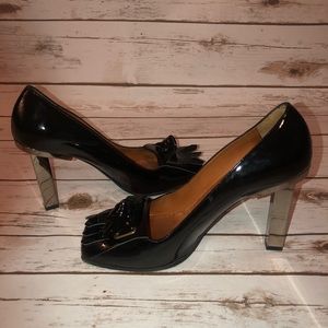 Lanvin Black Patent Square Toe Fringe Metal Pump